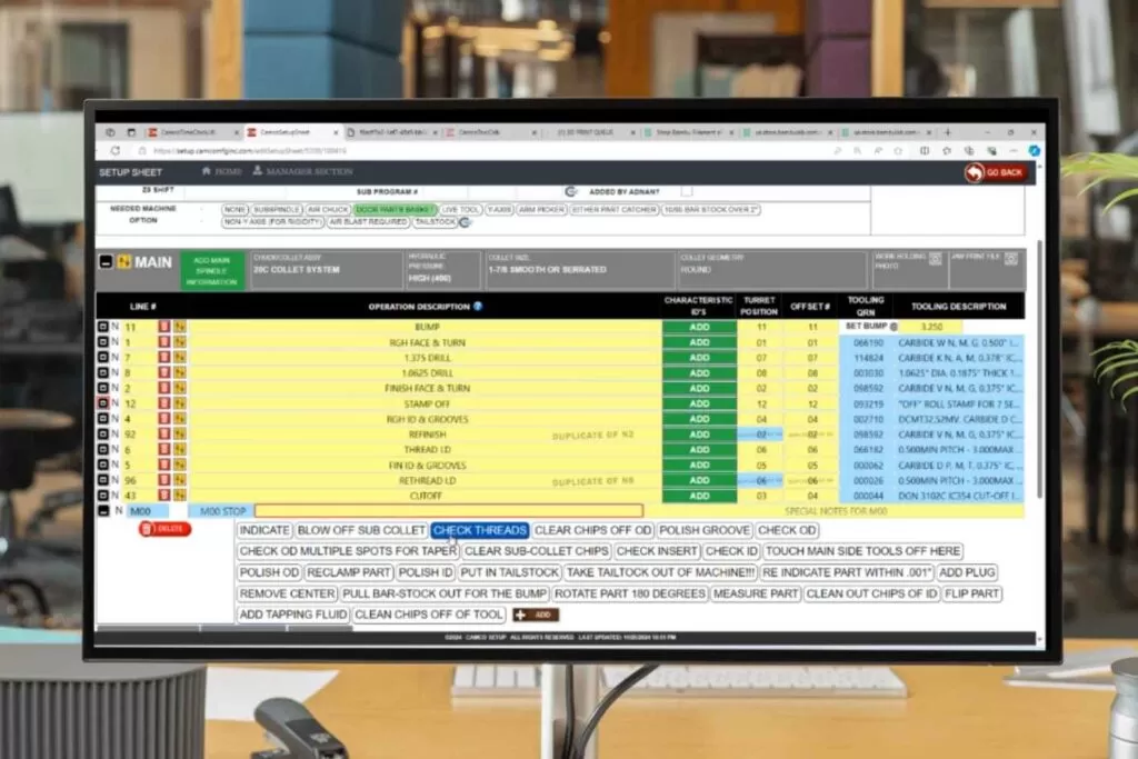 cnc setup sheet dashboard